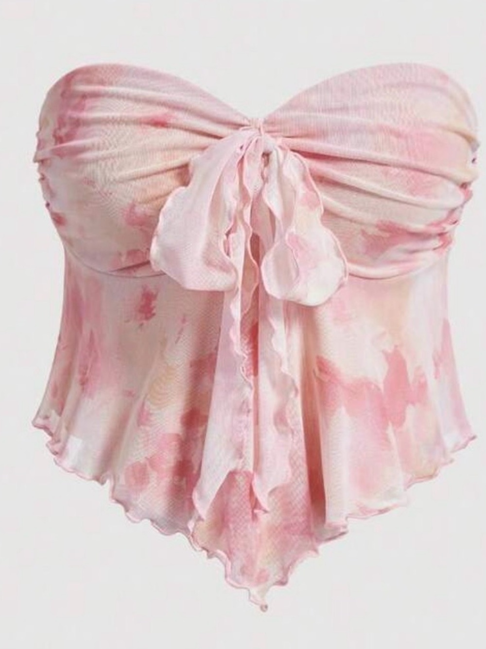Strapless Pink Tie-Front Mesh Crop Top